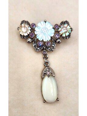 Victorian Style Brooch - Dangle Accent Stone, Floral MOP & Rhinestone Accents
